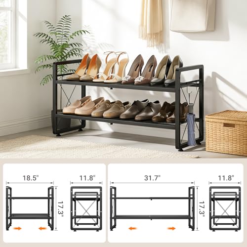 Black Expandable 2-Tier Metal Shoe Rack, Adjustable Closet Organizer