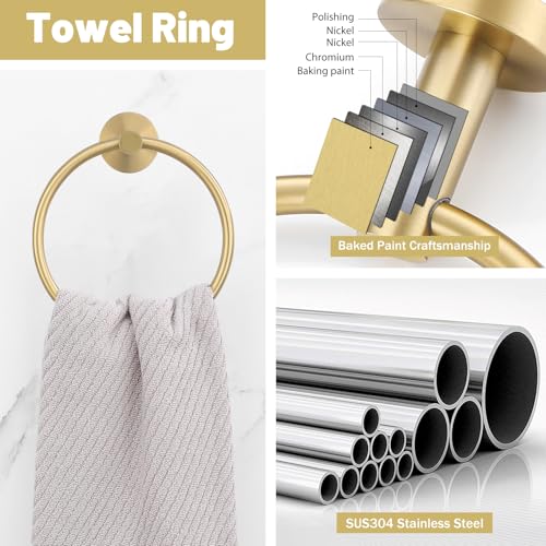 Brushed Gold Bathroom Towel Bar Set - 10 Pieces Wall-Mount Rack Accessories
