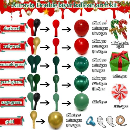 Aurovia Double Stuffed Dark Red, Green, Gold Christmas Balloon Arch Kit with Candy Cane Balloons - Sage Green & Chrome Variations