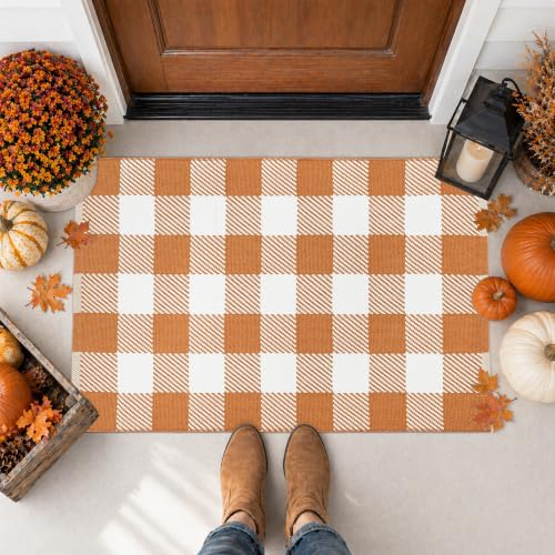 Fall Door Mat Caramel White Buffalo Plaid Rug 3x5 Layering Farmhouse Decor - Caramel & White