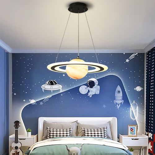 Orange Kid's Planet Glass Pendant Light - Creative Dimmable LED Chandelier for Children's Room