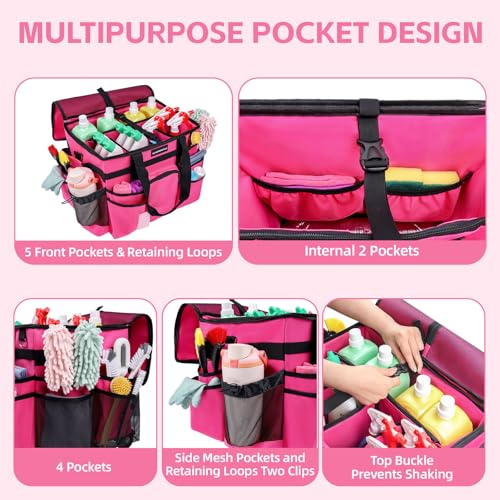 Large Rolling Cleaning Caddy Bag with Wheels & Detachable Trolley - Water Resistant Organizer for Housekeeping, Car, Kitchen, Picnic - Rose-Red
