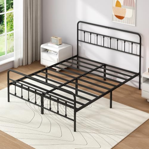Full Metal Bed Frame with Victorian Headboard and Footboard - Black, Easy Assembly