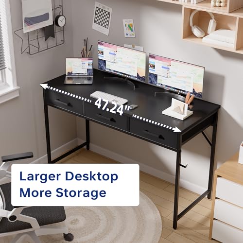Pamray 47-Inch Small Black Computer Desk with 3 Fabric Drawers for Home Office & Study