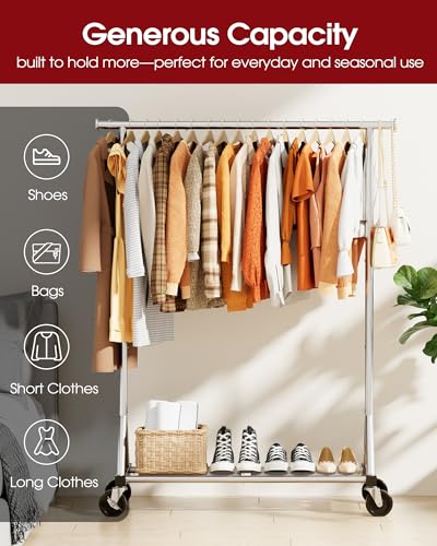 Stainless Steel Clothes Rack with Mesh Shelf - Silver, 42.5 x 16.5 x 65.9 inches (1 Rod)