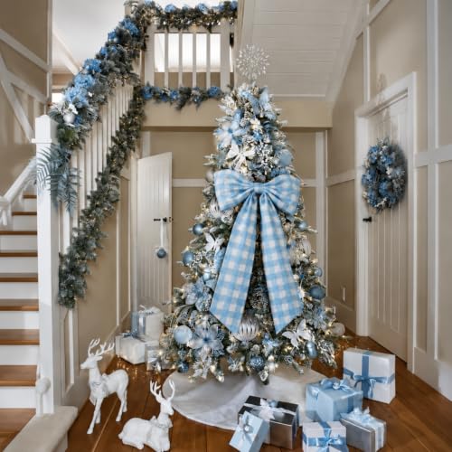 Canlierr Blue 26x39 Inch Christmas Gingham Bow Tree Topper - Large Holiday Decor