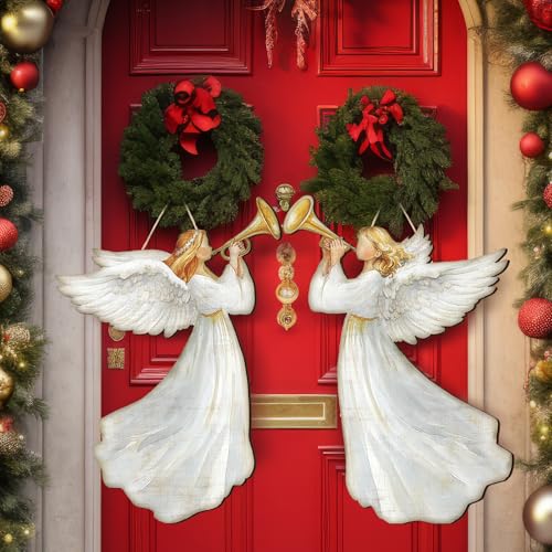 Retro Christmas Hanging Angel Wooden Sign Set - Outdoor Holiday Decor