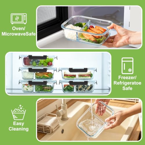 36oz Glass Meal Prep Containers with Dividers - 6 Pack, Leak-Proof, Microwave Safe