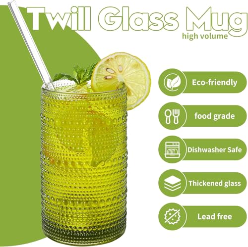 HEFBCOMK Set of 12 16oz Green Hobnail Drinking Glasses with Straws - Vintage Style, Durable Kitchen Water Cups for Cocktails, Juice, Whiskey, Milk