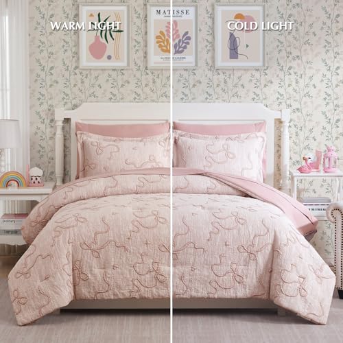 Full Pink Comforter Set for Girls - 7 Pieces Blush Bow Bed in a Bag