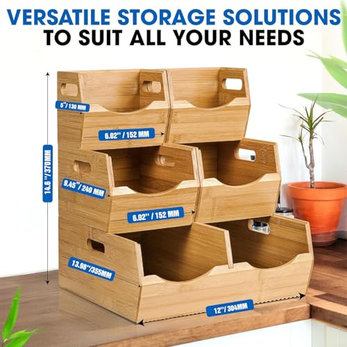 3-Tier Stackable Bamboo Pantry Storage Bins for Fruits Vegetables & More