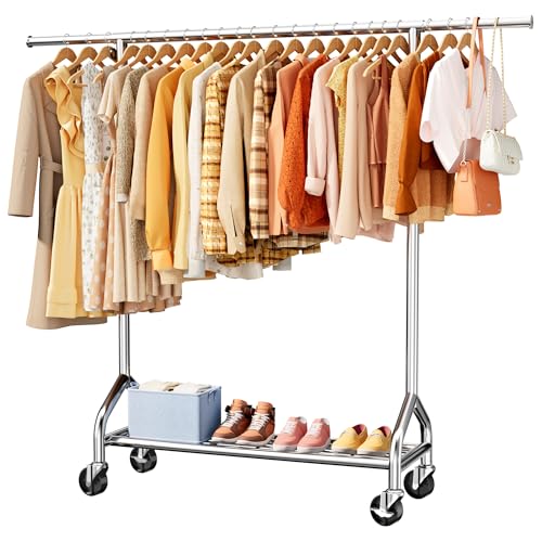 Extendable Stainless Steel Clothes Rack - Silver, 49.8 to 74.8 Inches, with Casters and Bottom Shelf