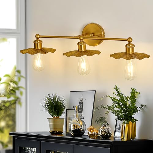 3-Light Vintage Vanity Light Fixture - Gold Bathroom Mirror Lighting