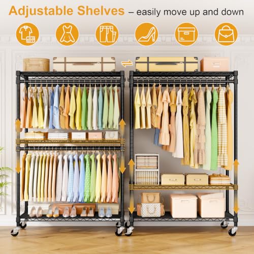 ULIFHOME Rolling Clothes Rack with Double Rod, Adjustable Shelves & Lockable Wheels - Black / P5 Plus