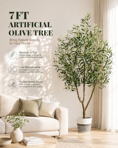 Lanlelin 7FT Artificial Olive Tree with Woven Basket for Indoor Decor