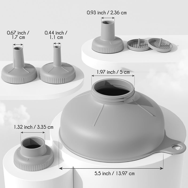 Pisol Wide Mouth Funnel Set - Versatile Food Grade Plastic Kitchen Funnels with 4 Spouts & 2 Strainers, Grey