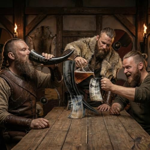 NORSE EMPIRE 12oz Genuine Ox-Horn Viking Drinking Horn with Stand & Leather Holster - Beer, Mead & Whiskey Tankard Gift