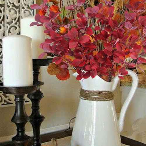 CISDUEO 3 Pcs Artificial Fall Maple Leaves Branches With Stems - Autumn Eucalyptus for Thanksgiving Home Indoor Kitchen Festival Table Centerpieces Decoration - Red