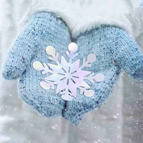 pinkblume 72pcs Iridescent White 3D Snowflake Wall Stickers Holographic Snowflakes Wall Decals for Winter Wonderland Christmas Frozen Nursery Xmas Showcase Window Wall Art Decor
