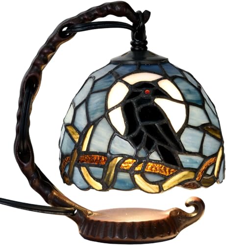 Dark Blue Tiffany Style Raven Mini Table Lamp - 7x5.5x8 Inches