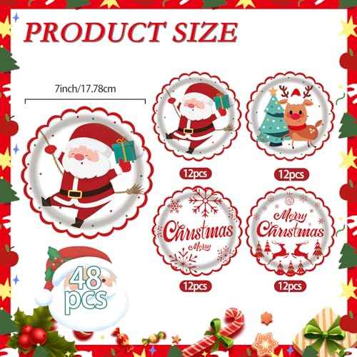 48 Pack Christmas Paper Plates Disposable 7 Inch - 4 Assorted Designs with Santa, Reindeer & Holiday Greetings - Heavy Duty Red & White Holiday Plates for Christmas Party Supplies, Dinner, Dessert