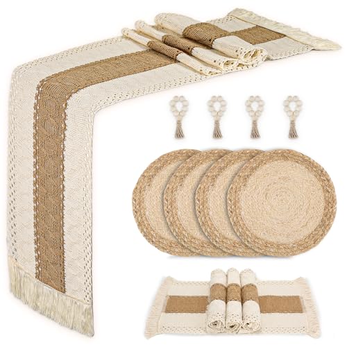 Natural Set of 4 Boho Woven Placemats, Charger Plates, Table Runner & Napkin Rings