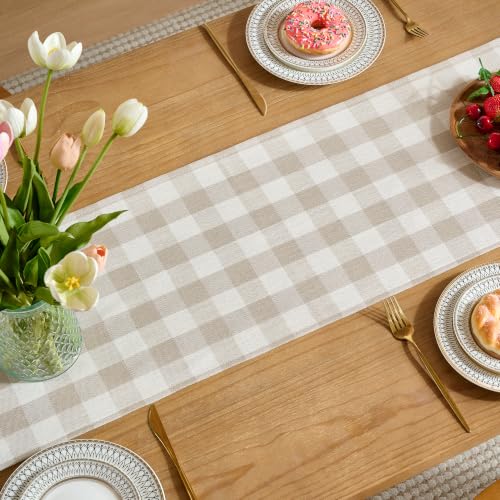 POSEAT Beige Gingham Table Runner 72 x 13 Inches | Cotton Linen Blend