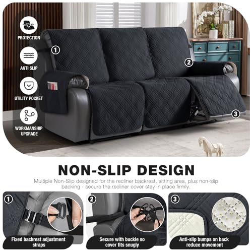 TAOCOCO Waterproof 3 Seater Recliner Sofa Cover Black, 3-Piece Non-Slip Couch Protector