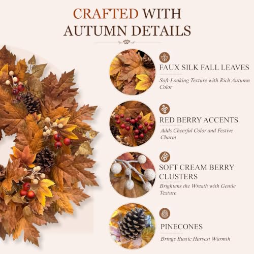 Presentastic 26-Inch Fall Wreath with Lights for Front Door & Wall Decor