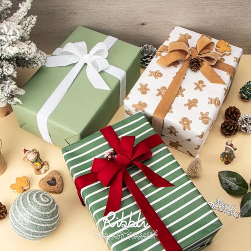 Ribbli Christmas Wrapping Paper 6 Rolls Vintage Matte Gift Wrap with Gingerbread Men, Bows, Red & Green Stripes – 30" x 10 ft (Pack of 1: White/Red/Green)