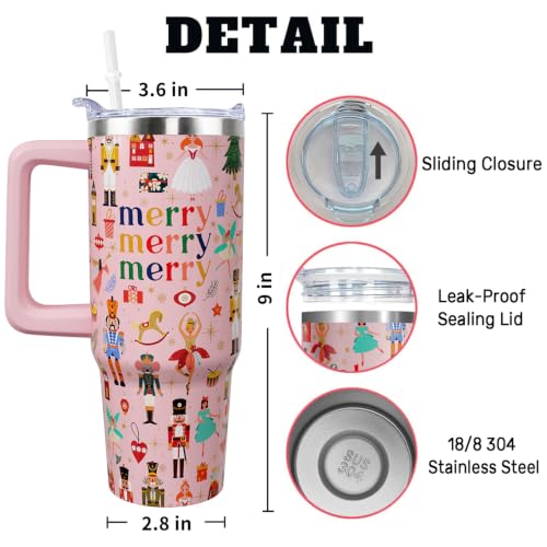 30 oz Pink Nutcracker Tumbler with Handle - Stainless Steel Vacuum Insulated Water Bottle, Gift for Dancers