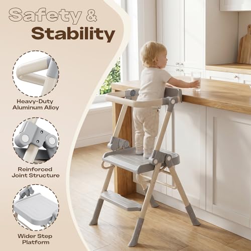 Toddler Step Stool with Safety Rail, Foldable Kids Kitchen Helper, Stable Anti-Drop Structure