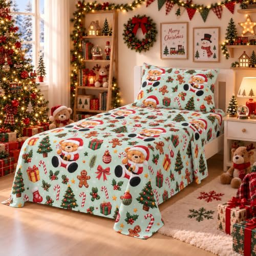 YIYEA Twin Kids Christmas Cotton Sheet Set 100% Cotton, 16" Deep Pocket, 3-Piece - Variation Sm2695