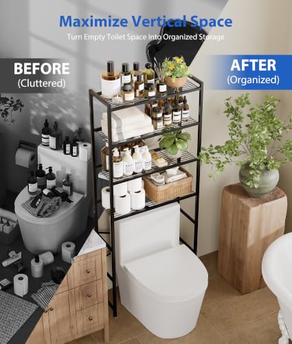 Over-the-Toilet Bathroom Organizer Rack with 4 Tiers, Adjustable Feet - Black