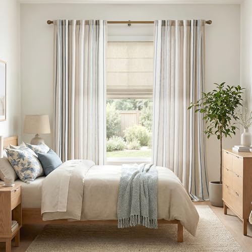 Blue Linen Blend Light Filtering Striped Curtains 96 Inches Long - Pack of 2