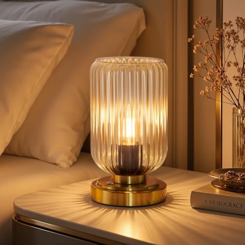 LightRound Cordless Dimmable Table Lamp with Amber Glass Shade & Gold Base - Touch Control, 7500mAh Battery, Modern Bedroom Nightstand Light