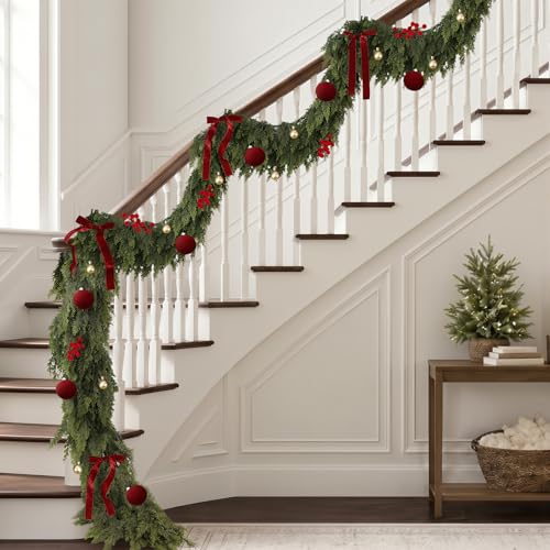Green 15FT Prelit Cedar Garland with 8 Lighting Modes for Christmas Decor