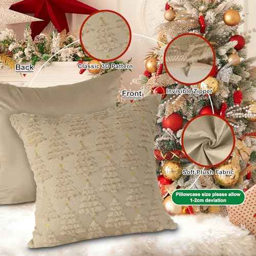 Lanpn Christmas 18x18 Throw Pillow Covers Set of 2, Winter Star Chrismas Tree Throw Pillow Cases Soft Plush Faux Fur Wool 18 x 18 Winter Cushion Cover for Indoor Home Bedroom Couch Sofa Decor (Beige)