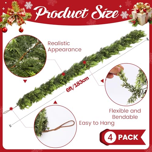SIECCY 4 Pack 6ft Artificial Cedar Garlands Real Touch Winter Greenery for Christmas Decorations