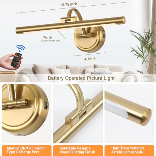 Brass Wall Picture Light 15.7 Inch - Wireless Dimmable Art Spotlight with Remote