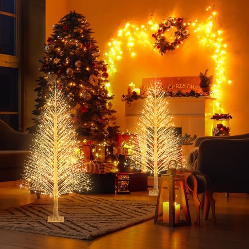 Rossesay 4ft 600LED Christmas Birch Tree Lights Outdoor Indoor Twinkle Tree with 8 Modes