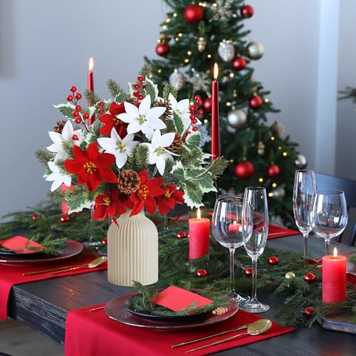 Christmas Artificial Flower Bouquets 14'' Poinsettia Holly Pinecones Red & White