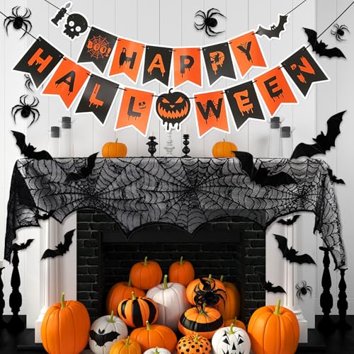 CMXZSAM Black Halloween Decor Set with Mantel Scarf, Table Runner, 3D Bats & Spiders, Banner