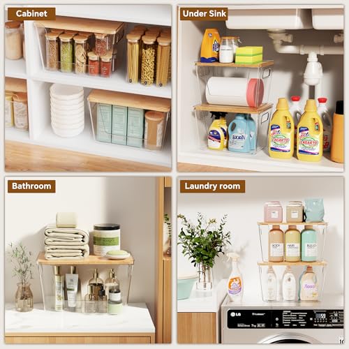 Criusia 4 Pack Large Stackable Pantry Organizers with Bamboo Lids for Kitchen Storage