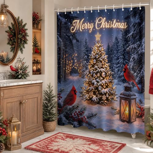 Visstree Christmas Shower Curtain with Red Cardinal – 71x71 in, Multicolor