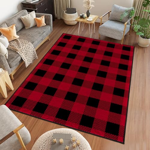 Red & Black Buffalo Plaid Rug 5' x 7' - Living Room Carpet, Faux Wool