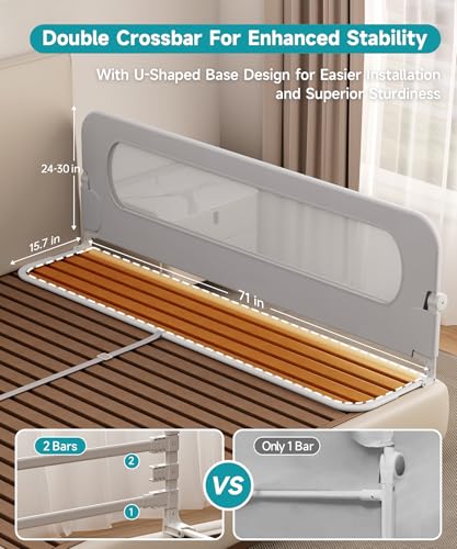 Toddler Bed Rail 71 Inch Foldable Safety Guard with Double Crossbar - Grey / 1 Side