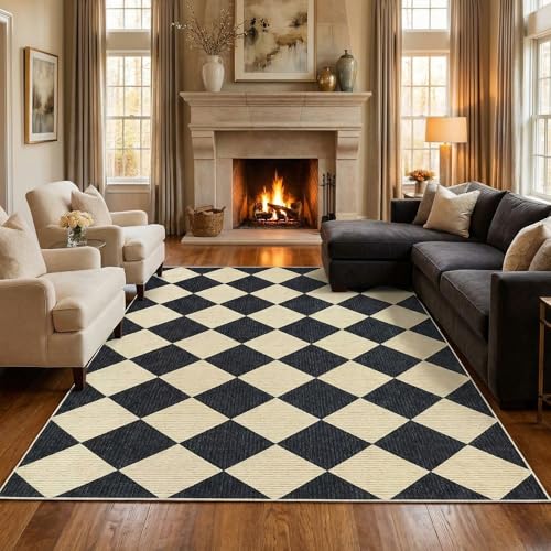 Dark/Coffee Checkered Area Rug 5x7 - Washable Living Room Rug, Non Slip, Pet Friendly