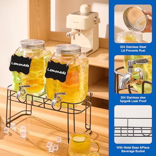 2 Gallon Glass Drink Dispenser Set with Stand & Fruit Infuser - Leakproof Spigot