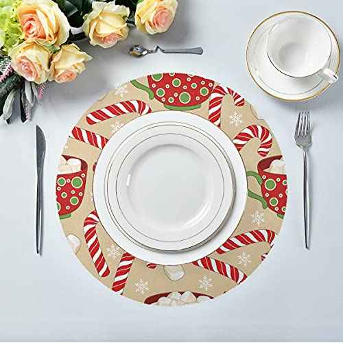 Aslsiy Christmas Gingerbread Man Round Placemats Set of 4 Winter Snowflakes Table Mats for Kitchen Non-Slip Cane Candy Brown Place Mats for Home Holiday Party Decor 15 inch